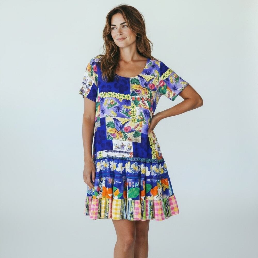Vintage Jams World Hattie Dress Multicolor Floral Ruffle Hem Tropical Mini M